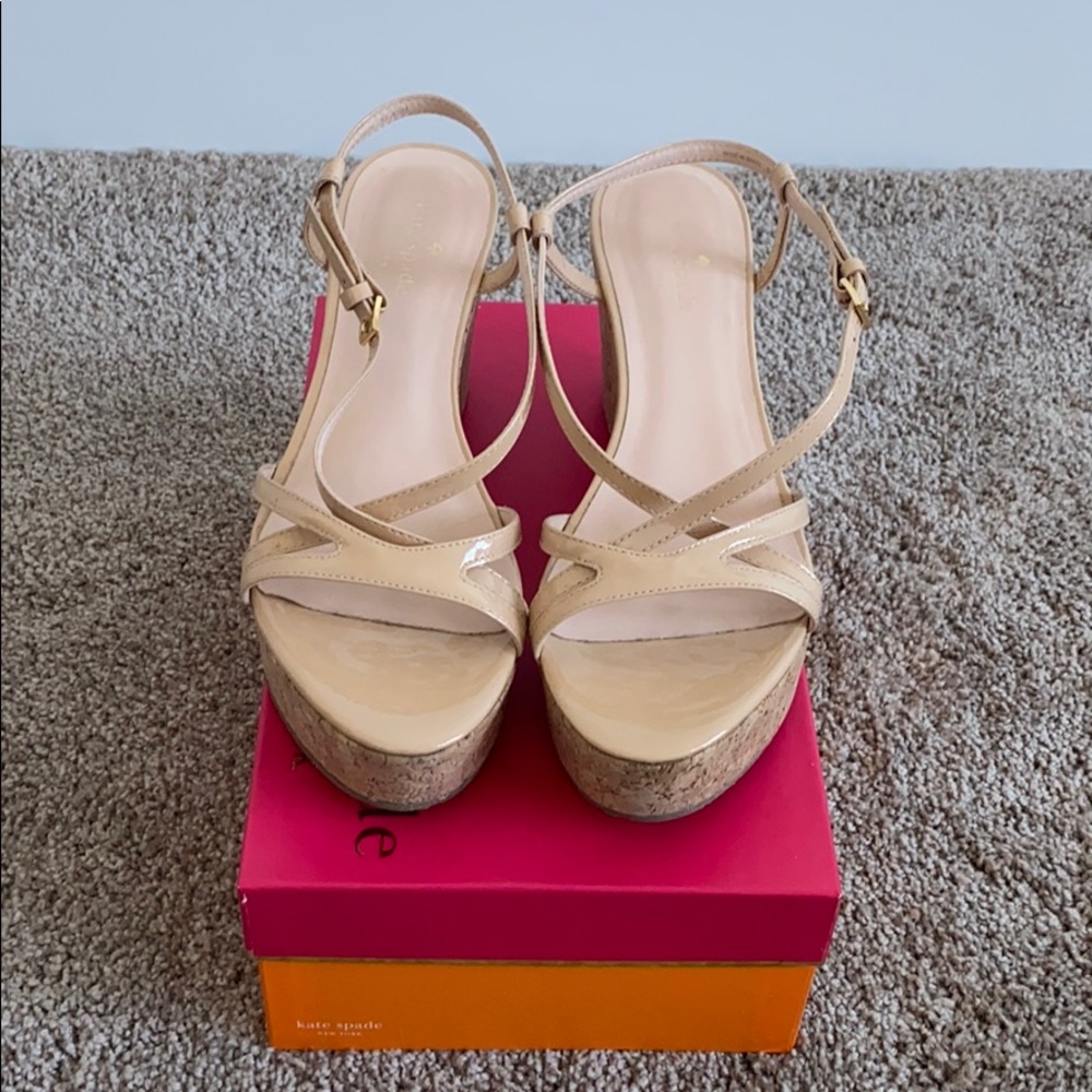 kate spade Nude Patent Leather Cork Wedge Sandals